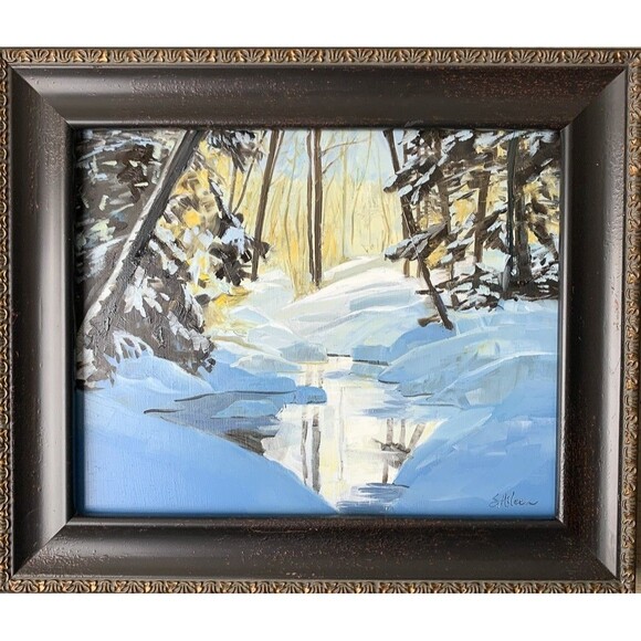 Framed Original Oil Painting Landscape Winter Snowy River Trees 10.5x12.5 Signed - Picture 1 of 9